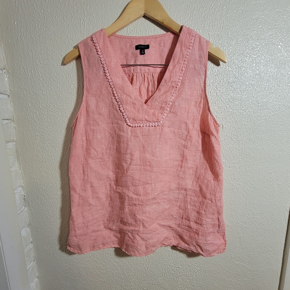 Talbots 100% Linen Shell Blouse Cross Dyed Coral Peach sz M Coastal Chic - Picture 2 of 10